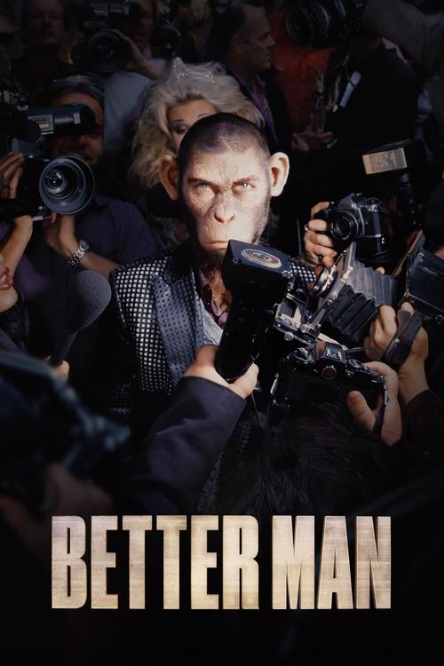 A tense movie poster featuring a man in a suit surrounded by cameras, creating a dramatic and mysterious atmosphere. The dark, moody lighting enhances the suspenseful mood, while the bold title "Better Man" suggests a gripping narrative.