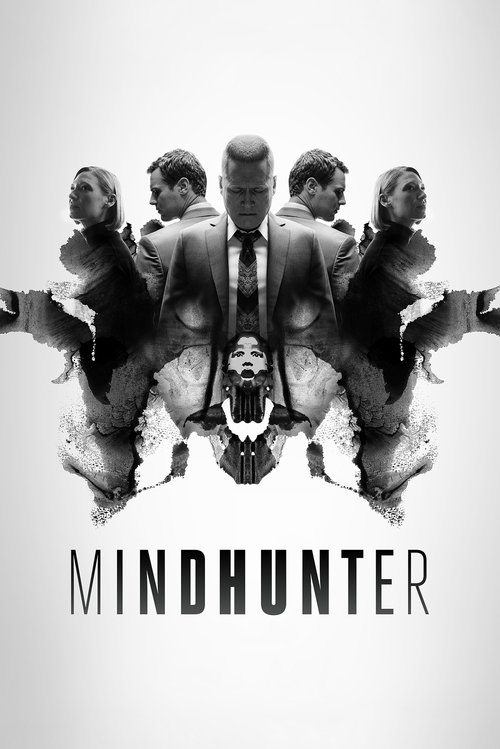 The poster features a dramatic, monochromatic image of four men in black and white, with one central figure wearing a suit while the others are shirtless. The title "MINDHUNTER" is prominently displayed at the bottom. The overall mood is intense and suspenseful, with a gritty, noir aesthetic that...