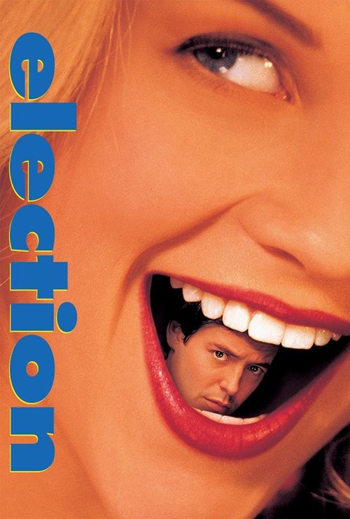 The poster features a close-up of a woman with a joyful, wide-mouthed smile, revealing a man's face peeking out from behind her teeth. The vibrant blue text "election" dominates the left side, while warm orange tones enhance the cheerful and energetic mood.