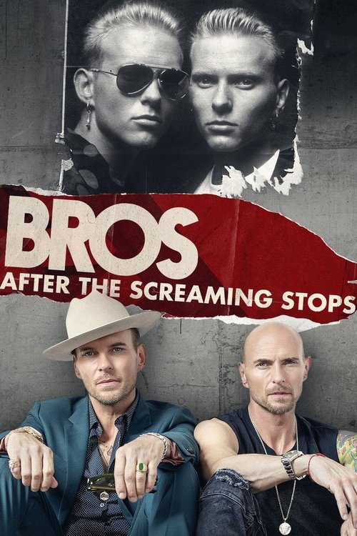 The poster features two men in a gritty, urban setting. One wears a hat and sunglasses, while the other sports a watch and a necklace. The red "BROS" banner dominates the center, with the tagline "AFTER THE SCREAMING STOPS" below. The overall mood is intense and dramatic, capturing the essence of...