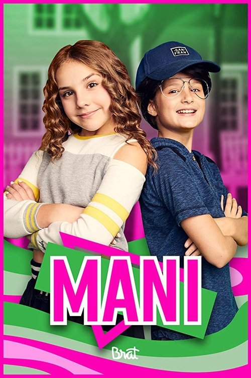 The poster features two children with arms crossed, exuding confidence against a vibrant pink and green background. The bold pink text "MANI" dominates the lower section, suggesting a playful yet energetic theme. The overall mood is cheerful and dynamic, capturing the essence of a fun, youthful s...