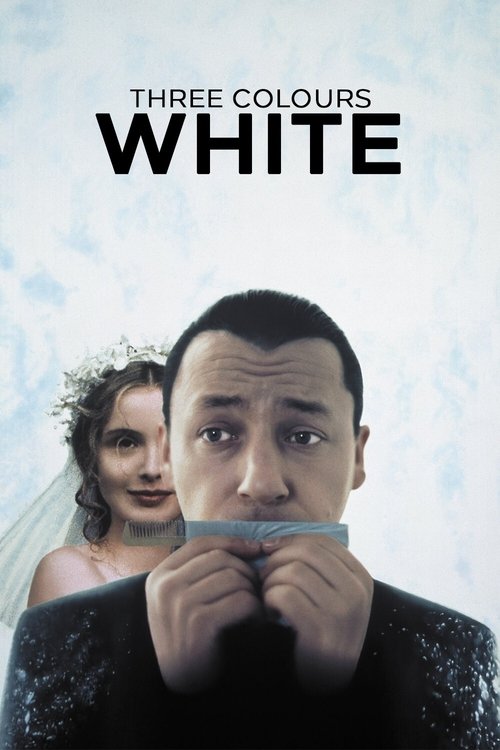 The poster features a man with a shocked expression, holding a white cloth over his mouth, while a woman in a wedding dress stands behind him. The title "Three Colors: White" is prominently displayed in bold text. The overall mood is intense and dramatic, suggesting a thriller or drama.