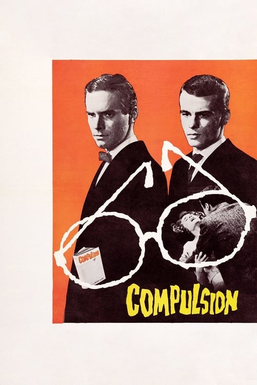 The poster features two men in black suits against an orange background, with a cat peeking out from behind their heads. The title "COMPULSION" is written in bold yellow letters at the bottom, conveying a sense of intense action and drama.