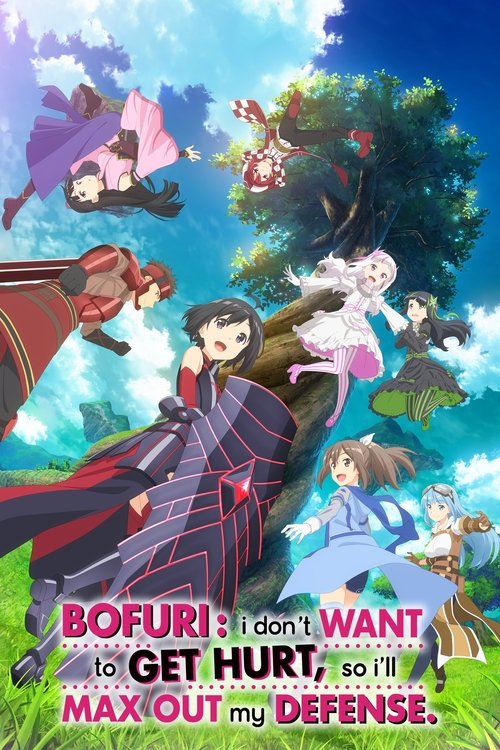 The poster features a vibrant anime scene with multiple characters in dynamic poses, suggesting action and adventure. The background is filled with lush green trees and a bright blue sky, creating a cheerful and energetic atmosphere. The title "BOFURI" is prominently displayed in bold pink letter...