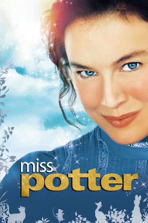 The poster features a close-up of a woman with striking blue eyes and dark hair, set against a dreamy blue sky with snowflakes. The title "Miss Potter" is prominently displayed in bold, golden letters. The overall mood is magical and enchanting, suggesting a fantasy adventure.