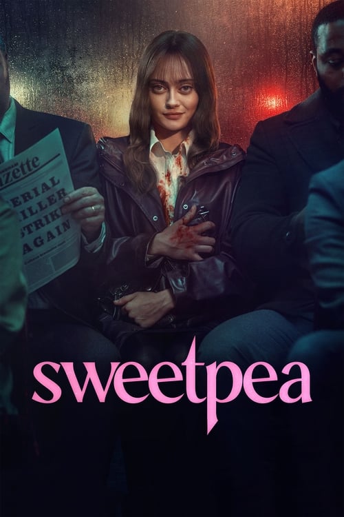 The poster features a woman in a leather jacket holding a newspaper with the title "Sweetpea" prominently displayed. The scene is dimly lit with warm tones, creating an intimate and slightly mysterious atmosphere. The background suggests a tense or dramatic setting, possibly a courtroom or interr...