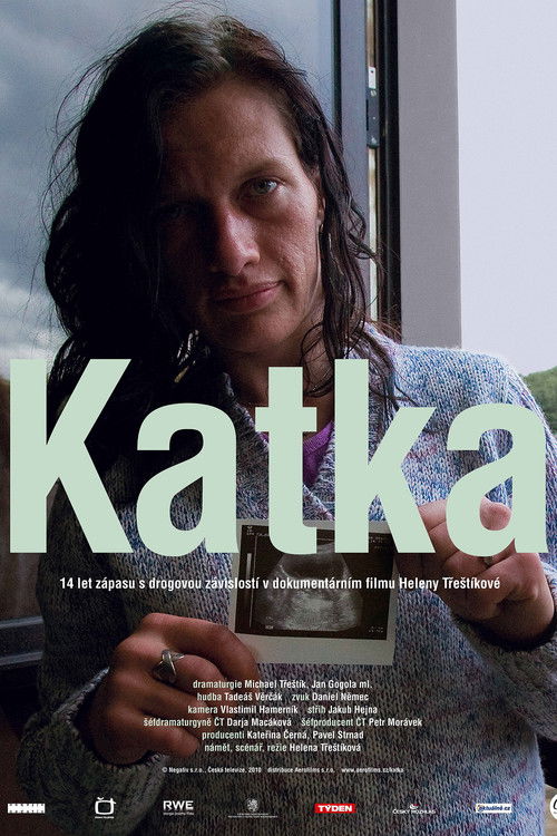The poster features a woman with dark hair, holding a book, with the title "Katka" prominently displayed in large, bold letters. The muted tones of the image convey a somber mood, suggesting themes of introspection or personal struggle.