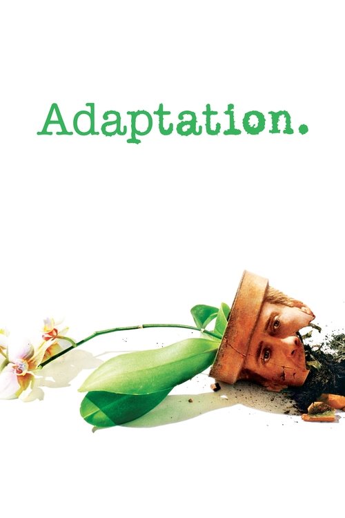 The poster features a serene garden scene with a small, weathered human figure lying amidst green leaves and flowers, suggesting resilience and survival. The warm tones of the earth and the vibrant greens of the plants evoke a sense of hope and natural beauty. The word "Adaptation" in bold green ...