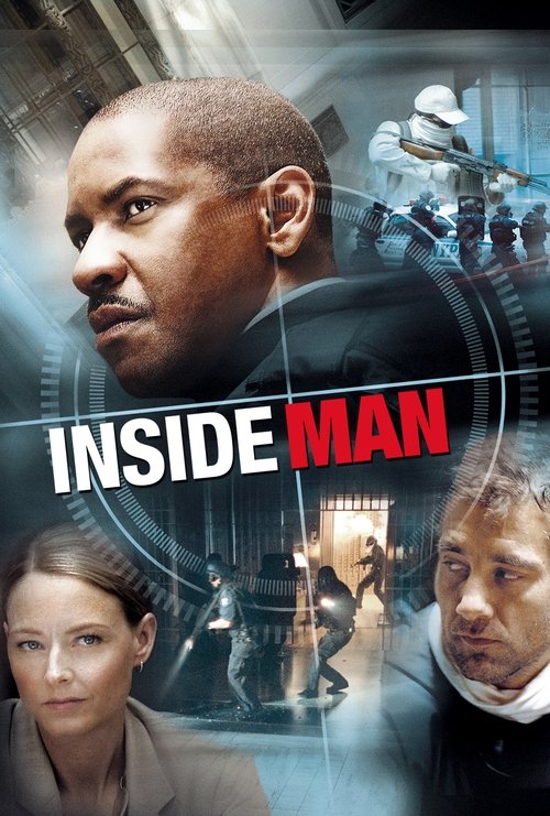 The poster features a man in a tactical suit against a dark background, with a woman and another man in the foreground. The title "INSIDE MAN" is prominently displayed in bold red letters. The overall mood is intense and action-oriented, suggesting a thriller or spy drama.