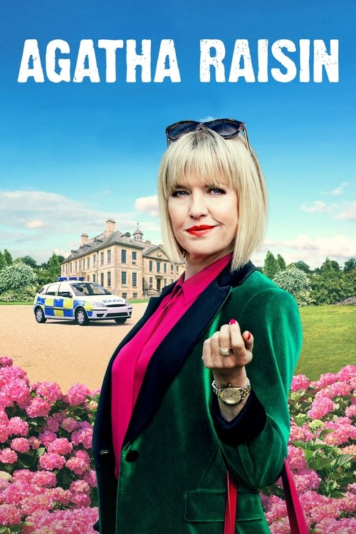 A glamorous blonde woman in a green coat points forward against a backdrop of a grand mansion and vibrant pink flowers. The poster exudes elegance and charm, with the title "Agatha Raisin" prominently displayed at the top.