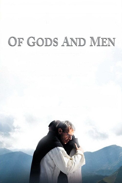 The poster features a tender embrace between two figures against a serene mountain backdrop, evoking a sense of spiritual connection and introspection. The muted tones of the image, with soft blues and whites, create a contemplative atmosphere that suggests themes of faith and human experience.