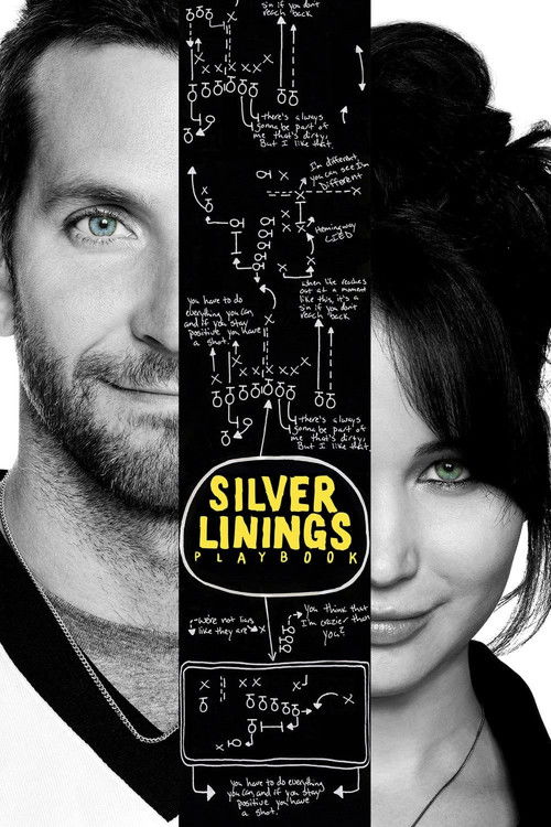 The poster features a split image of actors John Cusack and Jennifer Hudson, with a stylized "Silver Linings Playbook" logo in the center. The dark background with intricate circuit board patterns suggests a sci-fi or thriller genre. The mood is mysterious and intriguing, hinting at the film's bl...