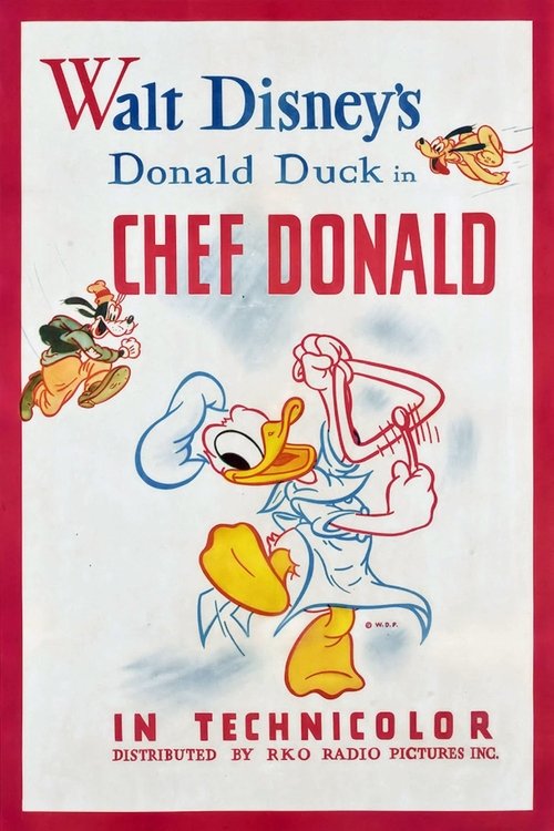 This Walt Disney's "Chef Donald" poster features Donald Duck in a dynamic pose against a red and blue background, with cartoon characters around him. The vibrant colors and playful composition evoke a whimsical, energetic mood.