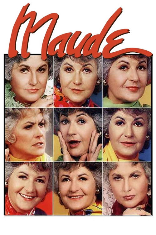 The poster features a grid of nine women's faces, each with distinct expressions ranging from playful to serious. The background is a vibrant mix of warm colors like red, yellow, and blue, creating a lively and inviting atmosphere. The title "Maude" is prominently displayed at the top in bold red...