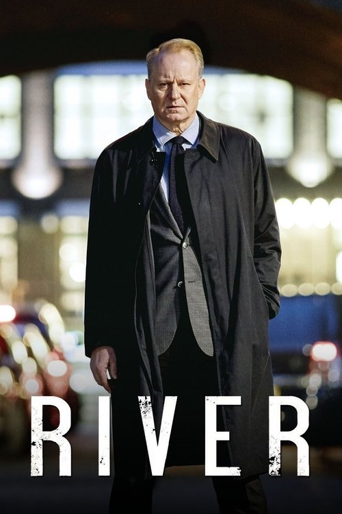 The poster features a stern man in a dark trench coat against a blurred, moody background suggesting an urban setting. The muted tones and shadowy atmosphere evoke a sense of mystery and tension, while the bold white text "RIVER" anchors the image with a sense of authority and intrigue.