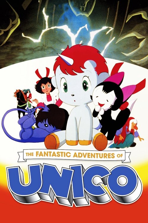The colorful poster features a group of animated characters, including a white unicorn with red hair and a black cat, surrounded by other fantastical creatures. The vibrant red and blue colors evoke a magical and adventurous mood, while the dynamic lightning background suggests action and excitem...