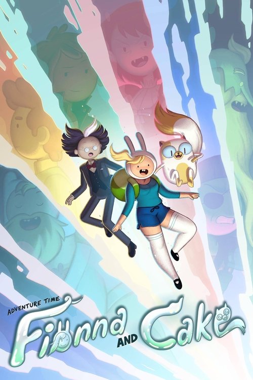 This vibrant poster captures the whimsical spirit of Adventure Time with a colorful, dreamy atmosphere. Fionna and Cake are depicted in dynamic poses against a backdrop of swirling pastel hues, evoking a sense of wonder and adventure.