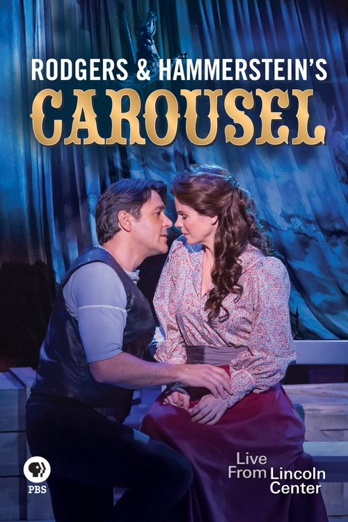 The poster features a romantic couple in a dramatic pose against a dark blue curtain backdrop. The man wears a dark vest over a light shirt, while the woman dons a patterned blouse and red skirt. The title "Rodgers & Hammerstein's Carousel" is prominently displayed in bold gold lettering, evoking...