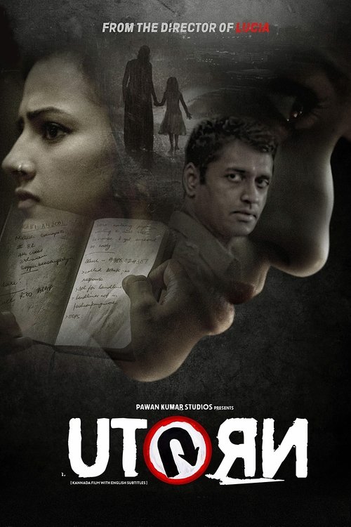 The poster features a dramatic, moody scene with a woman's profile on the left and a man's face in the center, both set against a dark, atmospheric background. The title "U Turn" is prominently displayed at the bottom in bold red letters, with the tagline "FROM THE DIRECTOR OF..." above. The over...