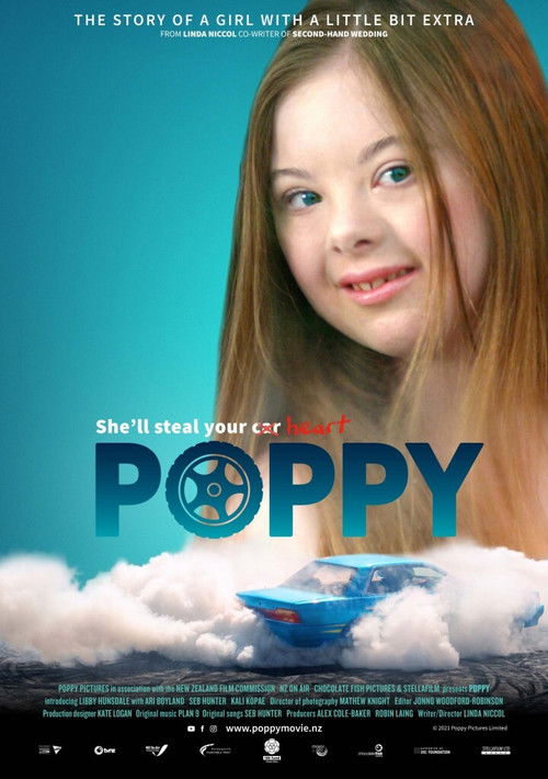 The poster features a young girl with long blonde hair against a vibrant blue sky, evoking a dreamy, magical atmosphere. The title "Poppy" is prominently displayed in bold, playful lettering, with a whimsical airplane soaring above fluffy white clouds. The overall design suggests a heartwarming, ...
