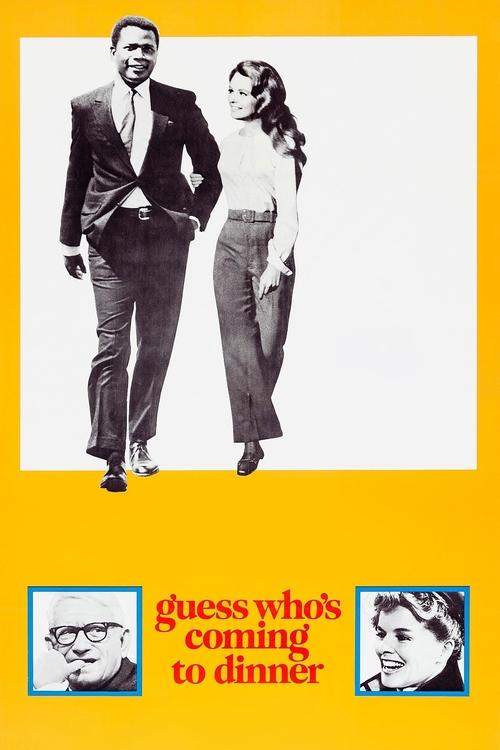 The poster features a black-and-white photo of a couple walking side by side against a bright yellow background. The title, "Guess Who's Coming to Dinner," is written in red and black text below. The overall mood is casual and inviting, suggesting a fun and engaging movie.