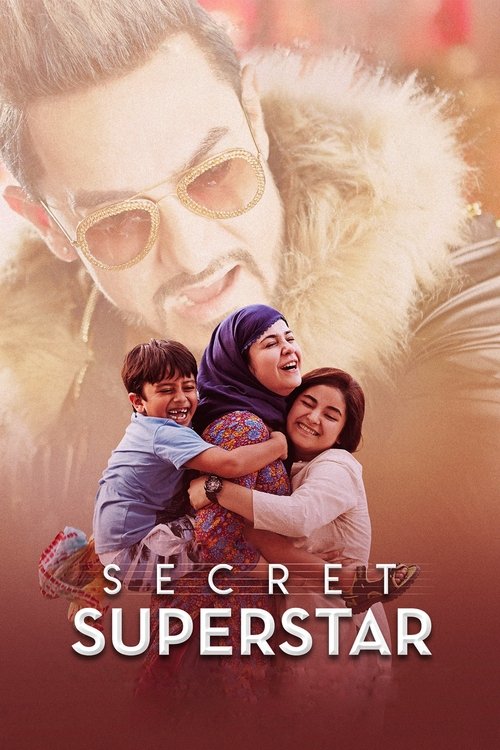 The poster features a man in sunglasses and a fur coat, with a woman and child in front of him. Warm, golden tones create a romantic and mysterious atmosphere. The title "Secret Superstar" is prominently displayed at the bottom.