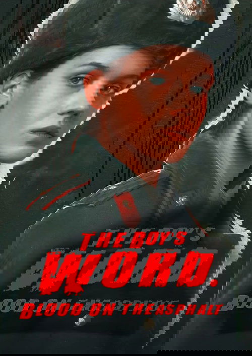 The poster features a young soldier in a dark uniform with a red insignia, wearing a military hat. The title "THE BOY'S WORD" is prominently displayed in bold red letters, with "BLOOD ON THE ASPHALT" underneath in smaller text. The muted color palette and somber mood evoke a sense of historical d...