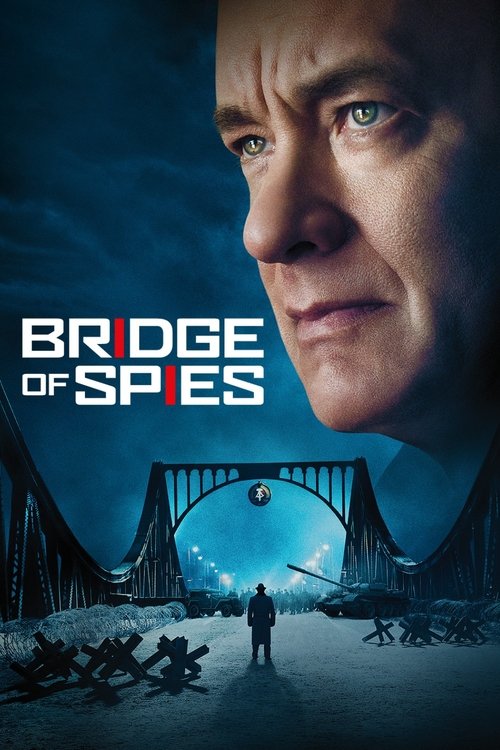 The poster features a close-up of a man's face against a dark, moody background. Below him, a bridge spans across a snowy landscape with figures scattered on the ground, suggesting danger or mystery. The cool blue tones and shadowy atmosphere evoke suspense and intrigue, hinting at espionage and ...