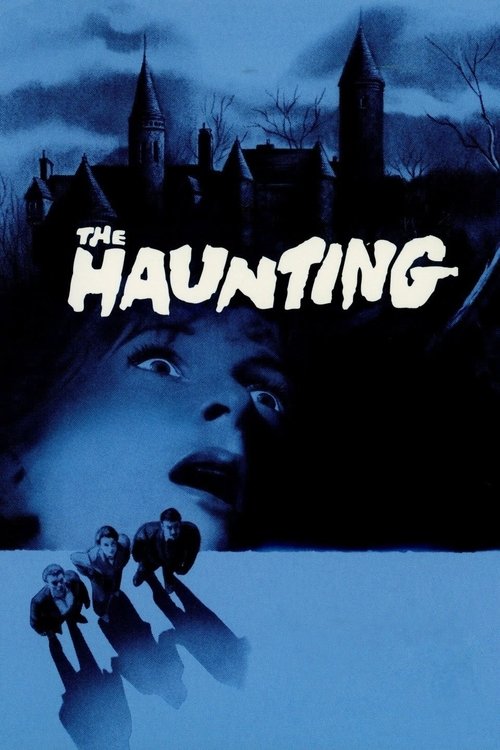 The poster features a chilling blue-toned image of a haunted house silhouette against a twilight sky. A woman's face is partially visible above the title, with shadows of figures looming in the foreground. The eerie atmosphere is conveyed through the dark, moody colors and the unsettling mood.