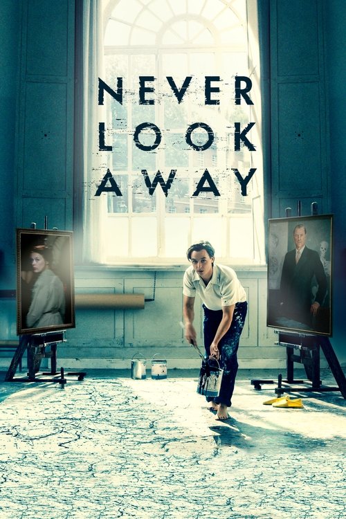 The poster features a man in a white shirt and jeans standing in a dimly lit room with a large window. Two portraits of men are displayed on easels, one on the left and one on the right. The muted blue tones and shadowy atmosphere evoke a sense of mystery and tension. The title "Never Look Away" ...