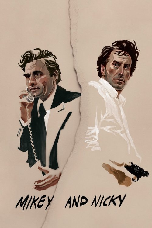This poster features two characters, Mikey and Nicky, separated by a torn paper that reveals their contrasting personalities. Mikey, on the left, wears a black suit and holds a cigarette, while Nicky, on the right, is dressed in a white shirt and holds a cigarette. The sepia-toned background and ...