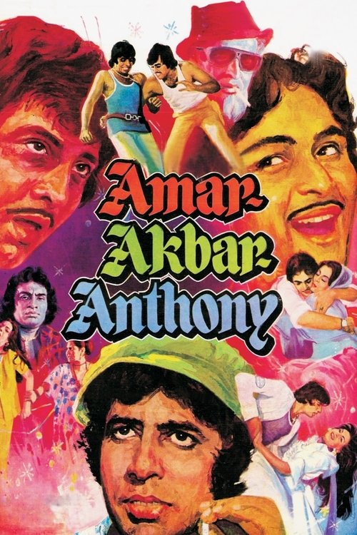 This vibrant poster features a collage of actors in colorful outfits against a bright, energetic background. The title "Amar Akbar Anthony" is prominently displayed in bold, stylized lettering. The overall mood is lively and celebratory, capturing the essence of the film's comedic and adventurous...