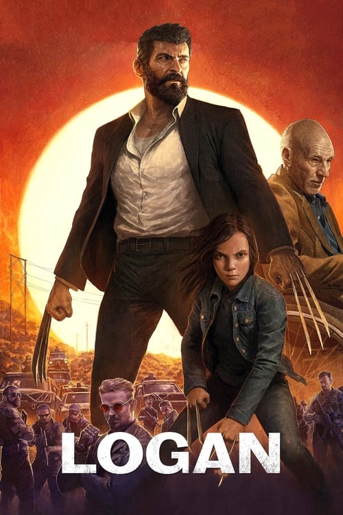 The poster features a muscular man with a beard and a young woman in front of him, both set against a dramatic sunset. The warm orange and red hues create an intense, epic atmosphere, suggesting action and adventure. The title "LOGAN" is prominently displayed at the bottom, emphasizing the film's...
