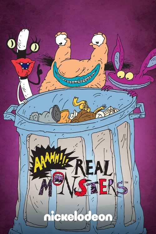 This vibrant Nickelodeon poster features three animated monsters in a chaotic scene, with one character holding a glowing yellow orb. The background is a deep purple, and the poster's bold colors and dynamic composition convey a sense of action and humor.