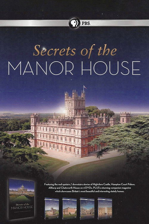 The poster features a majestic manor house bathed in warm sunset hues against a deep blue sky. A lone figure stands in the foreground, adding a sense of mystery and intrigue. The overall mood is one of timeless elegance and hidden secrets.