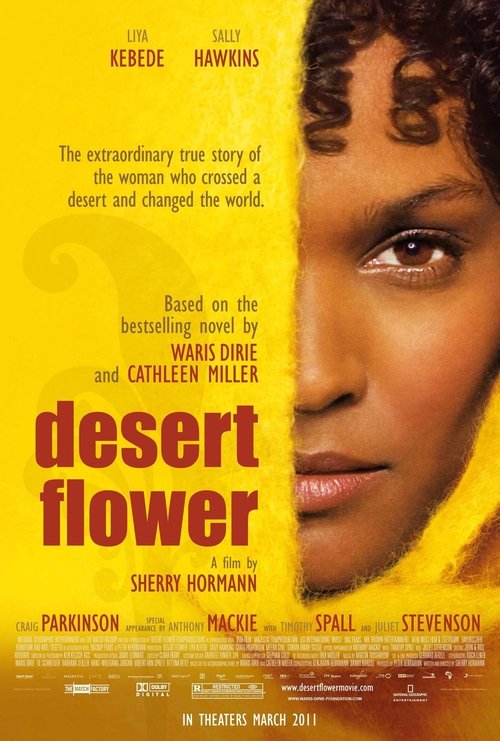 The poster features a close-up of a woman's face with dark skin and curly hair, set against a vibrant yellow background. The title "Desert Flower" is prominently displayed in bold red letters. The mood is mysterious and intriguing, with text suggesting the film is based on the bestselling novel b...