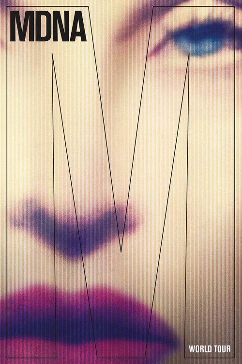 The poster features a close-up of Madonna's face, highlighting her iconic blue eye and lips. The design uses bold, geometric lines connecting her features to the word "MDNA," creating a striking visual impact. The muted background and bold typography evoke a mysterious and artistic mood, emphasiz...