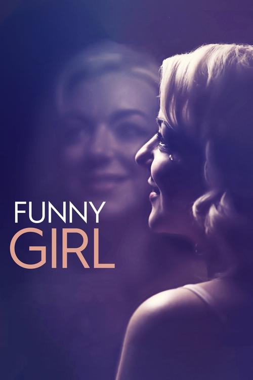 The poster features a woman in profile against a dark, moody background, with a blurred figure behind her. The title "FUNNY GIRL" is prominently displayed in bold, orange letters. The overall mood is mysterious and intriguing, with a cool, purple-toned color scheme that adds depth to the image.