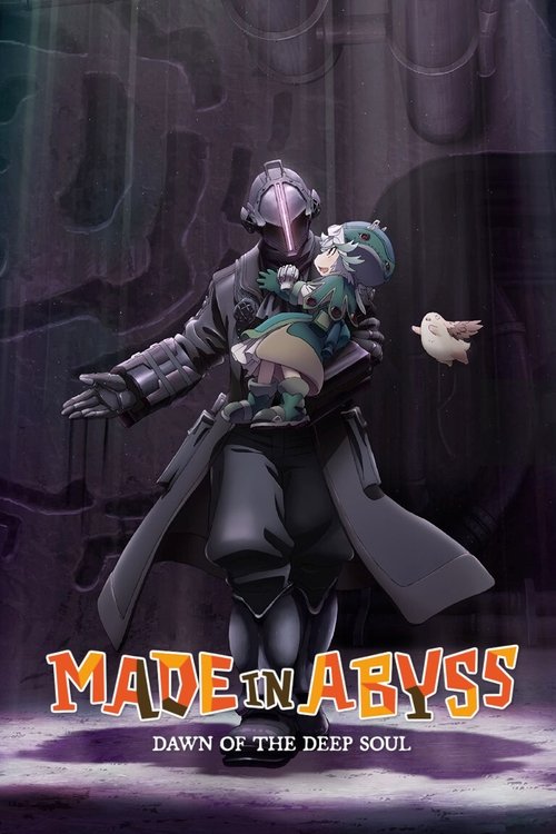 The poster features a mysterious figure in a dark, flowing cloak holding a small child against a shadowy, cavernous background. The color palette is dominated by deep purples, blacks, and muted greens, creating an eerie and mysterious atmosphere. The title "Made in Abyss" is prominently displayed...