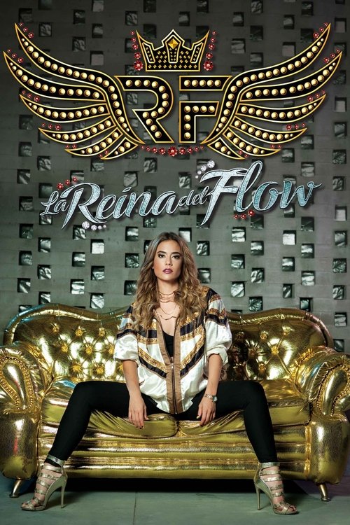 The Queen of Flow poster features a glamorous woman in a striking black and white outfit, exuding confidence and elegance. She sits atop a luxurious gold throne, surrounded by ornate wings and the show's title, "The Queen of Flow," in elegant script. The overall composition exudes a royal and the...