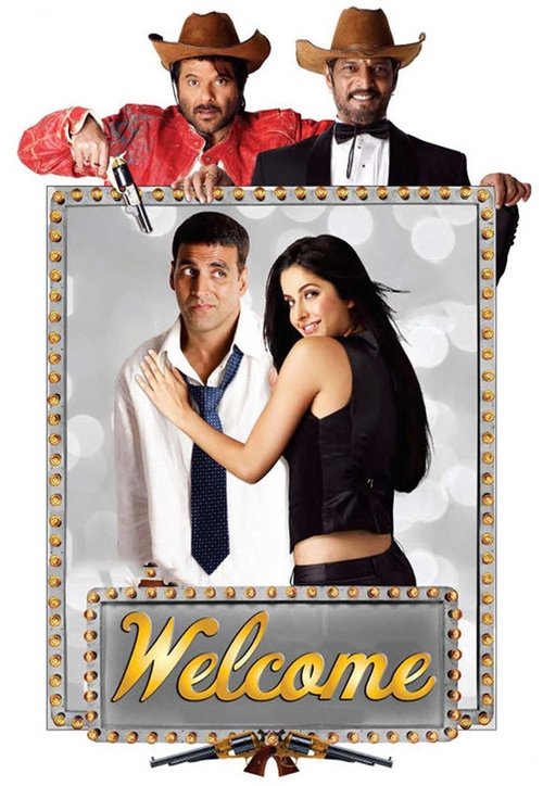 The movie poster features two men in cowboy hats and a woman in a black outfit, holding a framed sign that reads "Welcome." The warm colors and playful design evoke a fun, adventurous mood, suggesting a Western-themed adventure.