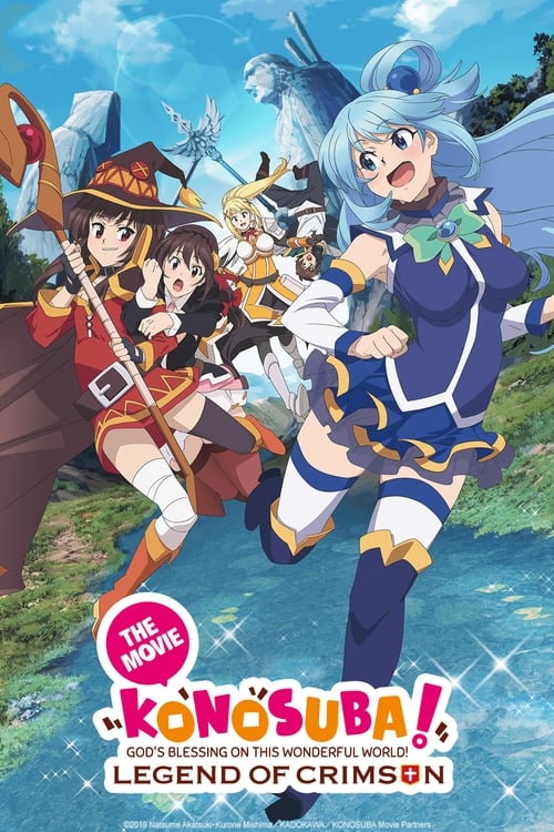 This vibrant anime poster features a dynamic scene with characters in colorful outfits, exuding energy and adventure. The bright blue sky and lush greenery enhance the cheerful and magical atmosphere. The title "KONOSUBA – God's blessing on this wonderful world! Legend of Crimson" is prominently ...