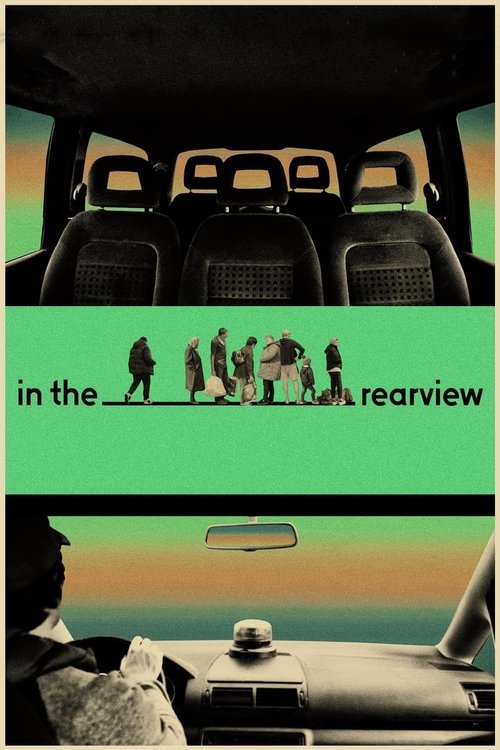 The poster features silhouettes of people walking across a green strip against a warm sunset backdrop. The bottom image shows a person looking out from inside a car, with a mirror reflecting the sunset. The mood is nostalgic and reflective, capturing the essence of a journey through time.