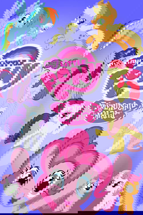The poster features beloved My Little Pony characters in vibrant, playful poses against a bright blue background. Pinkie Pie, the central figure with her signature pink mane, dominates the foreground with a cheerful expression. Surrounding her are other iconic ponies like Rainbow Dash, Twilight S...