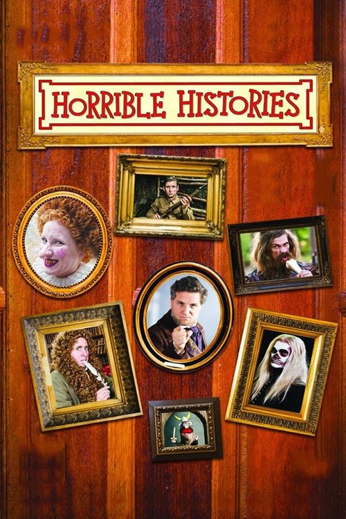 The poster features a wooden wall backdrop with a golden frame displaying the show's title. Several framed portraits of historical figures are arranged around the central circular image, creating a nostalgic and intriguing atmosphere. The warm wood tones and vintage style evoke a sense of histori...