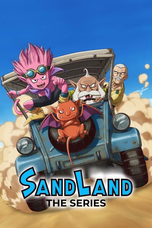 A vibrant cartoon depicts three characters in a desert jeep, with pink-haired characters and a bearded man leading the way. The scene exudes adventure and humor, set against a bright blue sky and golden sand. The title "SANDLAND THE SERIES" is prominently displayed in bold, playful lettering, cap...