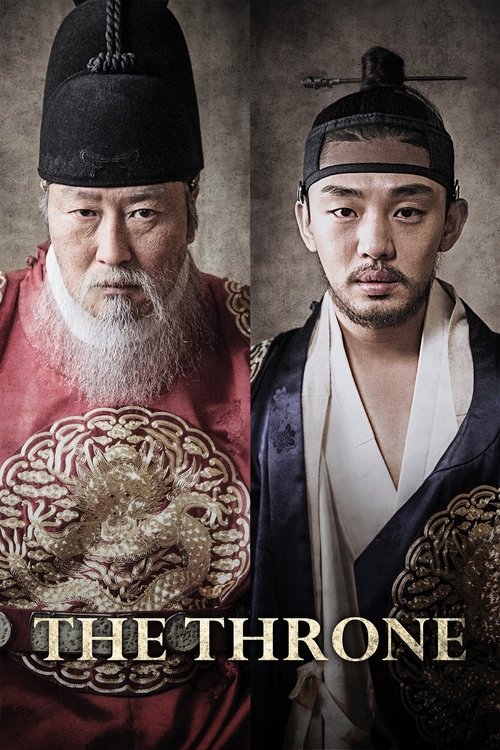 The poster features two men in traditional Korean attire, one with a white beard and the other with a mustache, exuding authority. The warm tones of their robes and the golden emblem on the man with the beard create an opulent and regal atmosphere. The title "THE THRONE" is prominently displayed ...