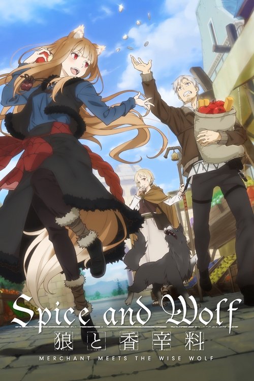 This anime poster features a vibrant scene with a young girl in a red coat and a man in a brown coat, both holding hands. The background includes a horse and a cozy village setting. The colors are warm and inviting, creating a magical atmosphere. The title "Spice and Wolf" is prominently displaye...