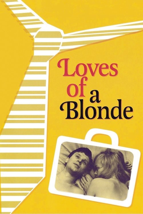This movie poster features a vibrant yellow background with a stylized white windmill silhouette on the left. The title "Loves of a Blonde" is prominently displayed in bold red and black text. A framed photograph of two people embracing appears at the bottom, suggesting themes of romance and pers...