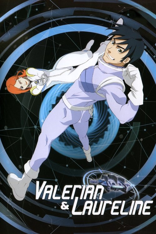The poster features Valerian and Laureline in dynamic poses against a cosmic backdrop with swirling blue and black hues. Their white and purple outfits stand out vividly, while the title "Valerian & Laureline" is prominently displayed at the bottom. The overall mood is adventurous and space-theme...